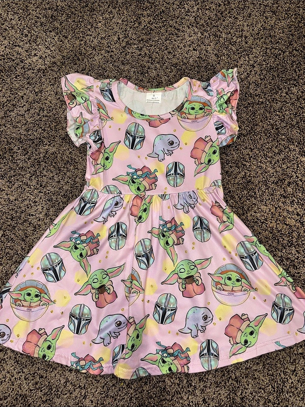 Kids Pink & Green Grogu Print Dress
